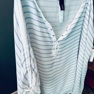 WHBM White and Blue Striped Lace-Up Blouse